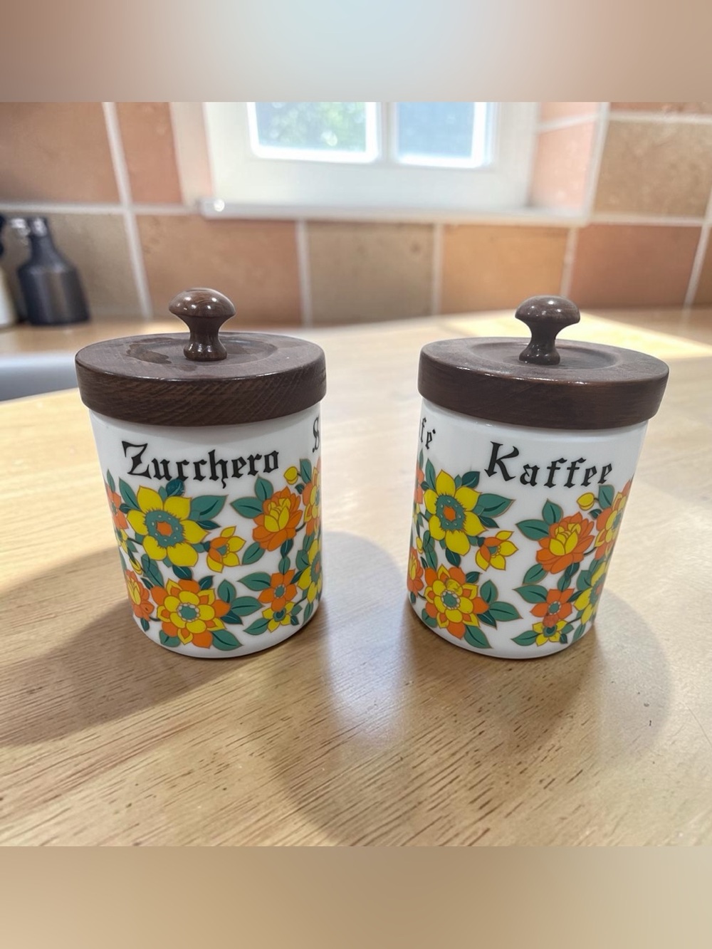 Vintage 1970s Floral Milk Glass Coffee & Sugar Canister Set Wood Lids